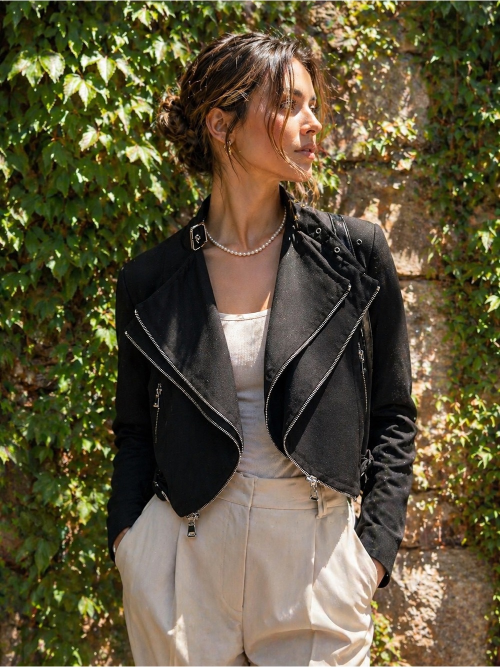 ZARA Black Scuba Fabric Moto Jacket, S